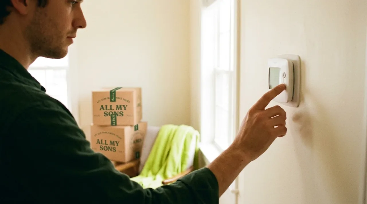 A candid 35mm film style photograph of a person adjusting a wall thermostat in a newly moved-into home, focusing on energy ef
