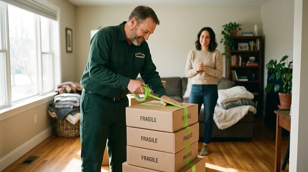A high-quality, authentic photograph of a professional mover demonstrating care and reliability, perfectly suited for an arti