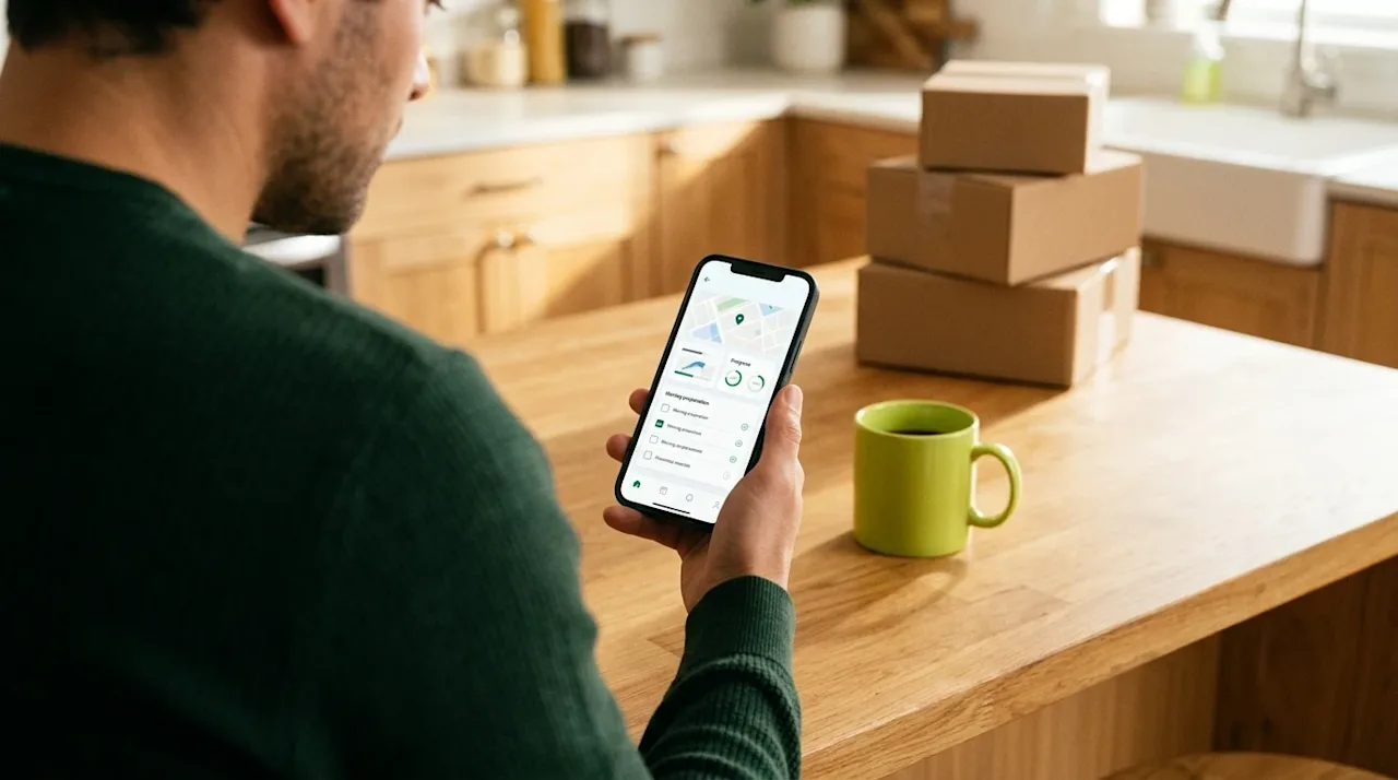 Candid lifestyle photography, close-up over-the-shoulder shot of a person holding a smartphone, looking at a bright, clean ap