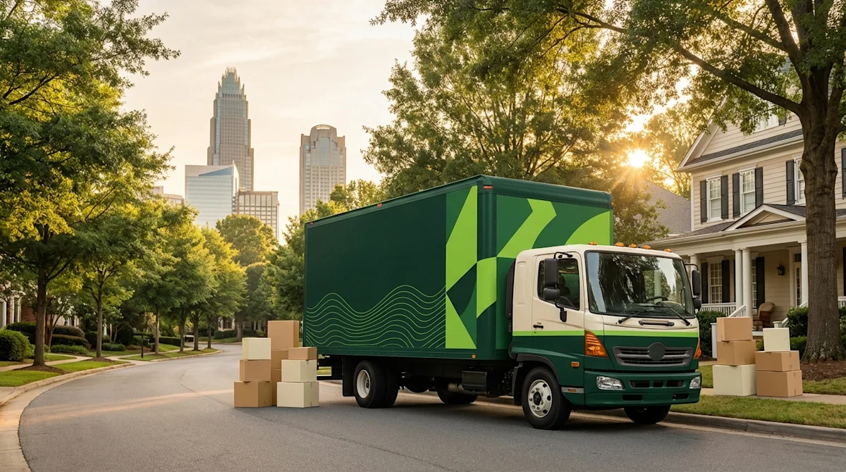 Modern green moving truck on a residential street in Charlotte North Carolina with skyline view.