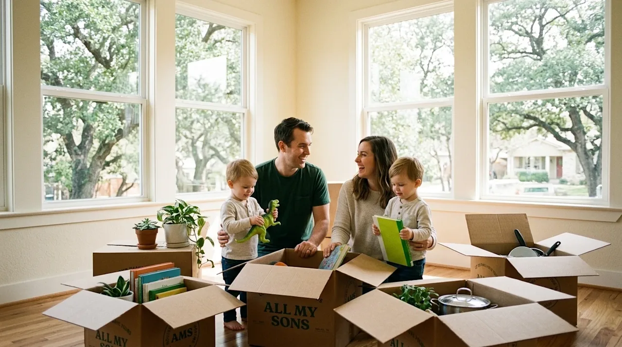 Candid lifestyle photography of a joyful family with young children unpacking kraft cardboard moving boxes in the bright, sun