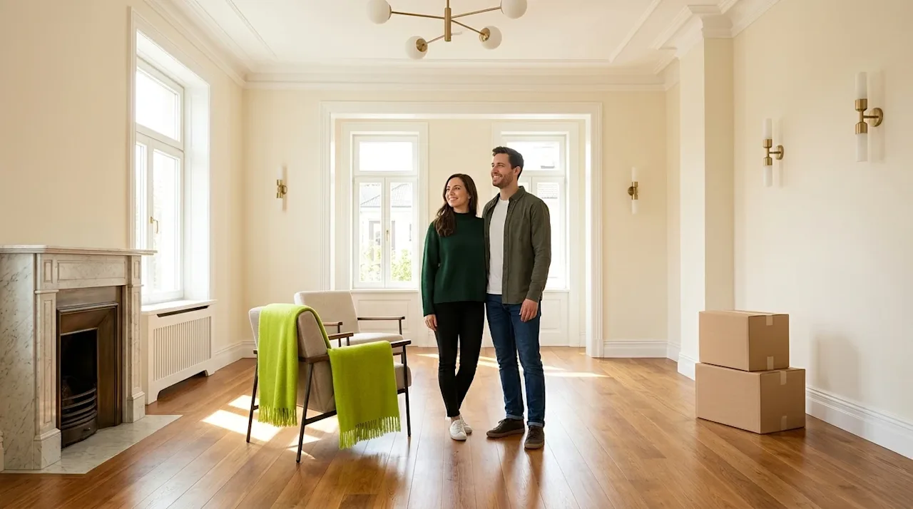 Professional marketing photography of a beautifully renovated, bright living room showcasing elegant home upgrades, including