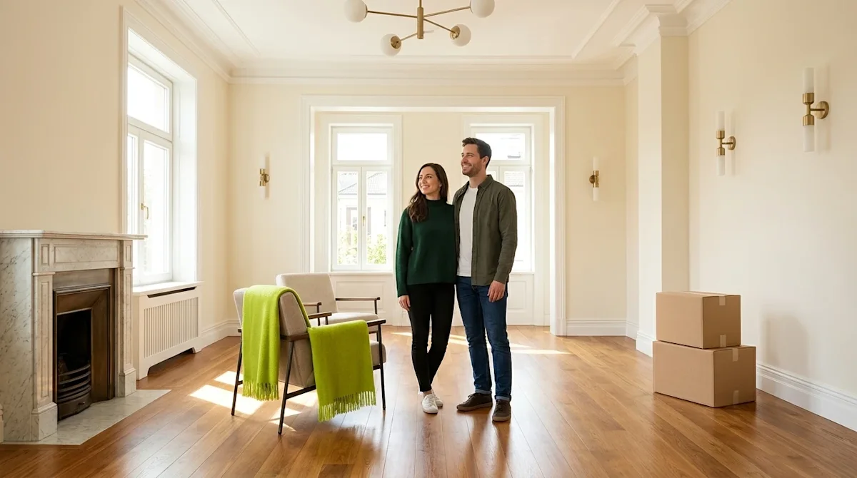 Professional marketing photography of a beautifully renovated, bright living room showcasing elegant home upgrades, including