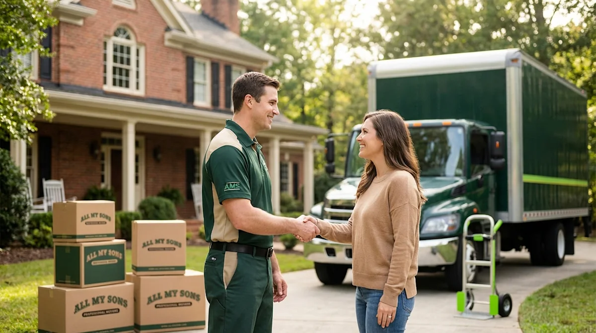 Professional All My Sons mover shaking hands with a happy client in front of a home and hunter green moving truck.