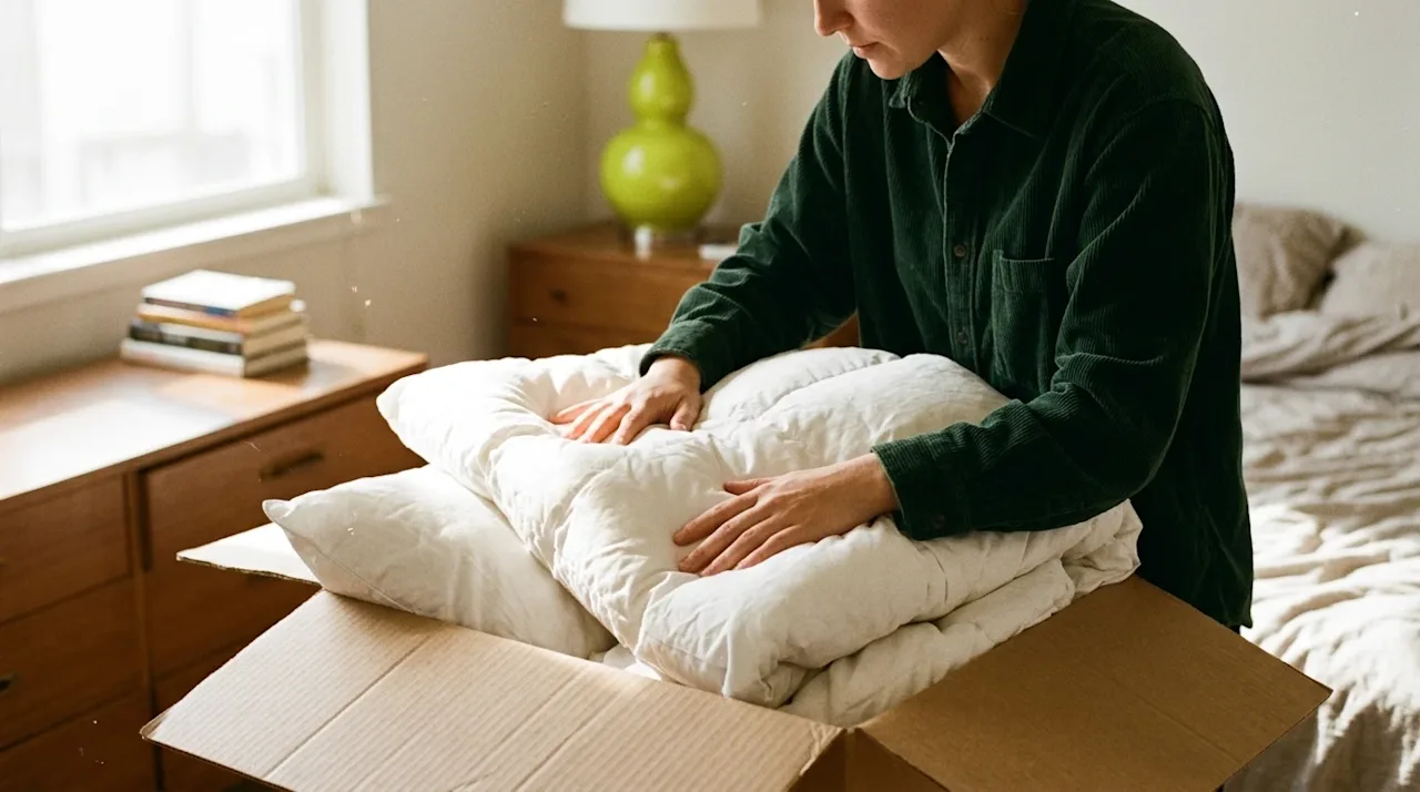 Candid 35mm film photography of a person carefully packing fluffy white bedding, including a thick comforter and pillows, int