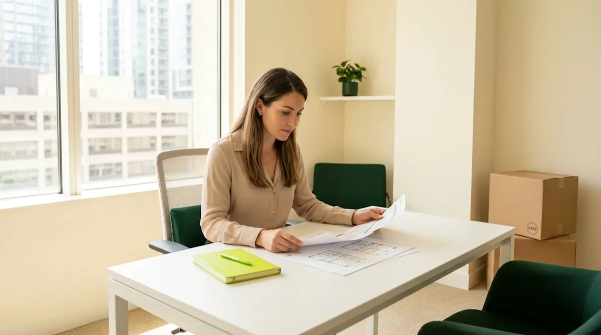 Professional marketing photography of a bright, modern office space being prepared for a corporate relocation. A focused busi