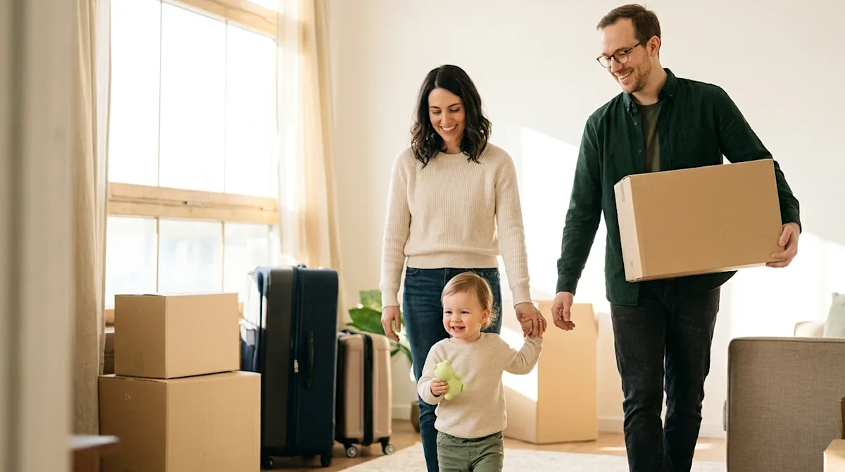 Professional lifestyle marketing photography of a happy young family in the process of moving into a new home with their chil