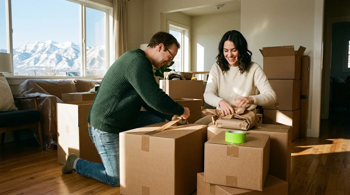 A candid lifestyle photograph of a couple happily packing their belongings into kraft brown moving boxes in a sunlit living r