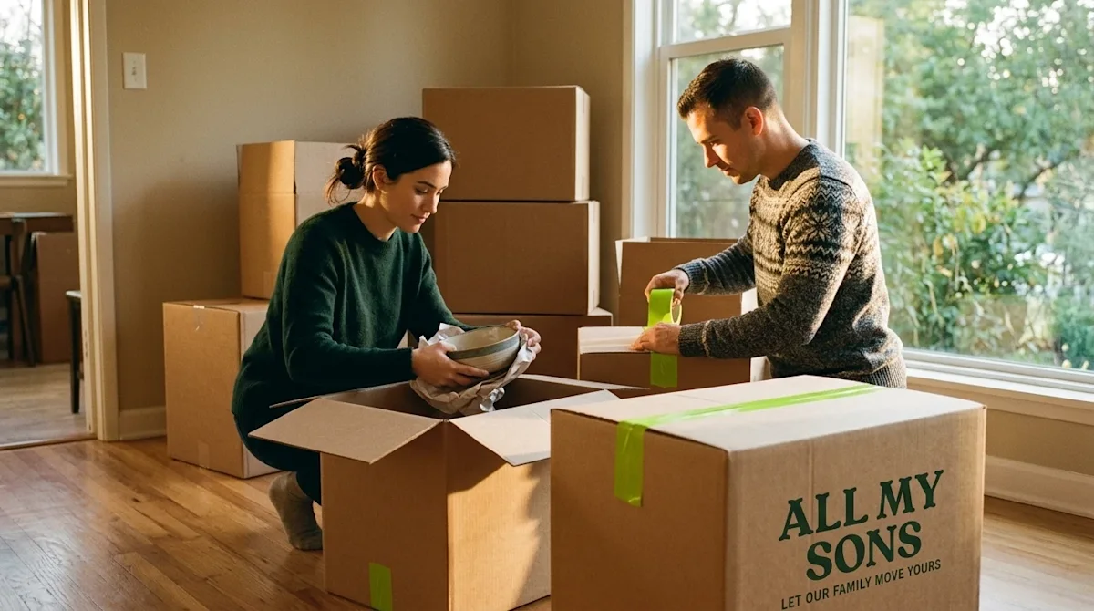 Candid lifestyle photography of a couple preparing for a cross-country move inside a warm, sunlit living room. They are caref