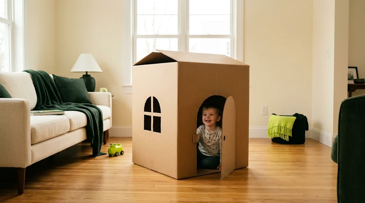 Professional marketing lifestyle photography of a cozy, warmly lit home living room. In the center, a happy young child is pl