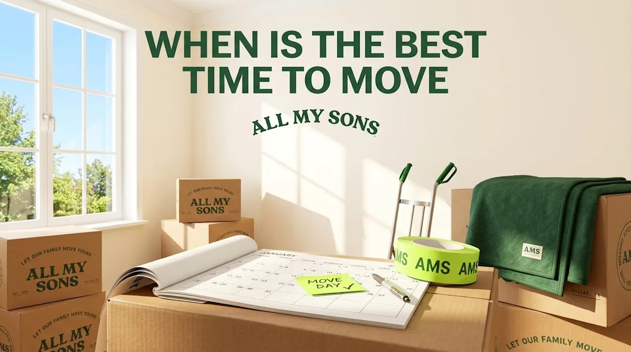 Moving calendar on boxes in a sunlit room for All My Sons guide on the best time to move.