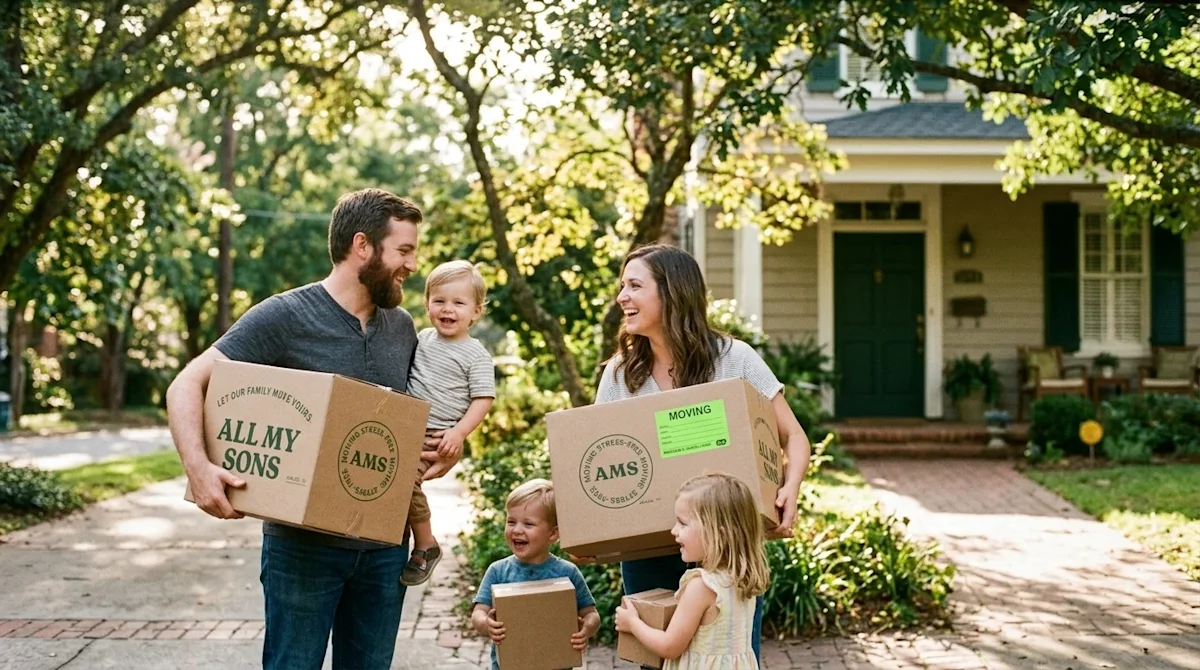 A candid, warm 35mm film photograph of a happy family holding kraft brown cardboard moving boxes, standing on a charming, lus