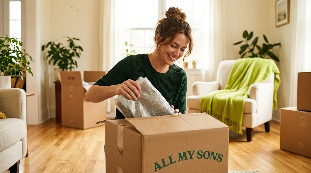 Professional marketing lifestyle photography of a stress-free unpacking scene in a bright, cozy, sunlit new home. A smiling w