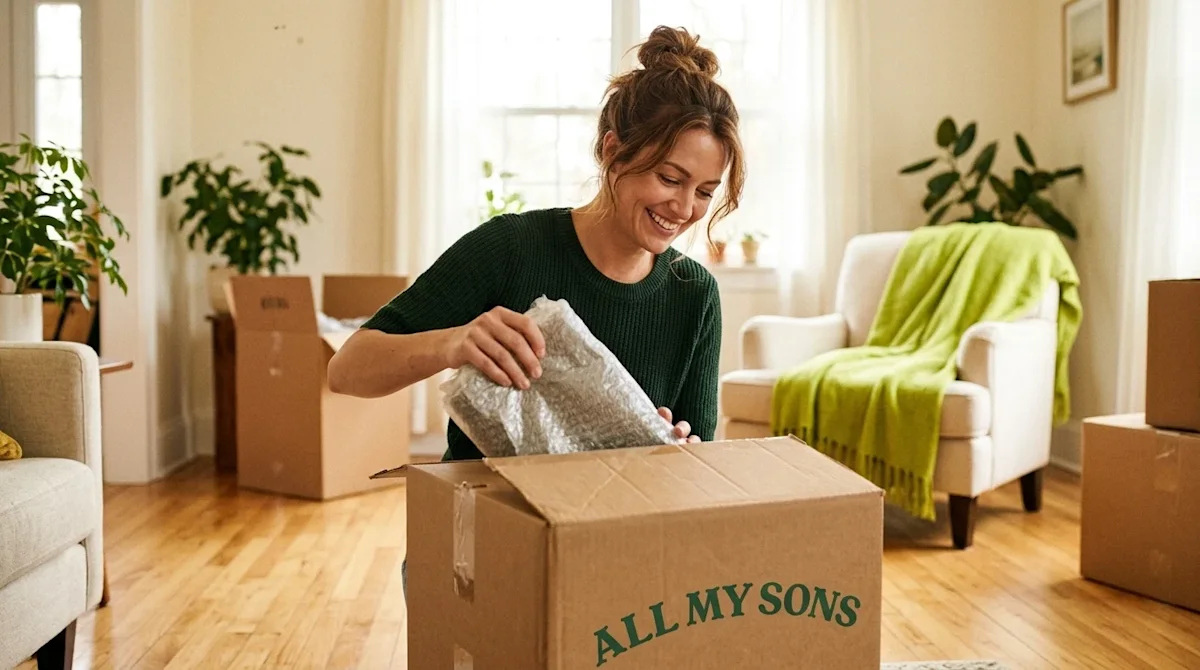Professional marketing lifestyle photography of a stress-free unpacking scene in a bright, cozy, sunlit new home. A smiling w