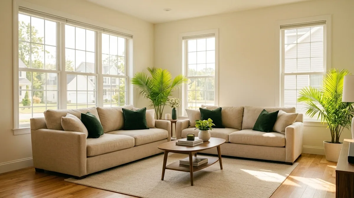 Professional interior photography of a beautifully staged, immaculate modern living room perfectly prepared for an open house