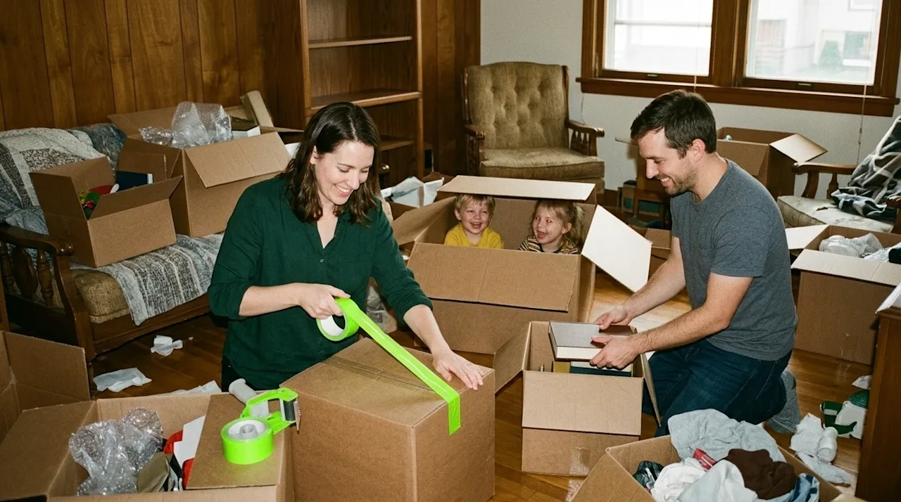 Candid lifestyle photography of a young family packing for a move in a warm, wood-toned living room. A parent wearing a deep