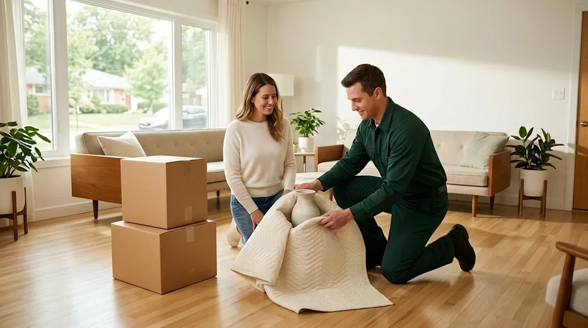 Clear, professional marketing photography for a moving company blog header. A bright, sunlit, modern living room on moving da