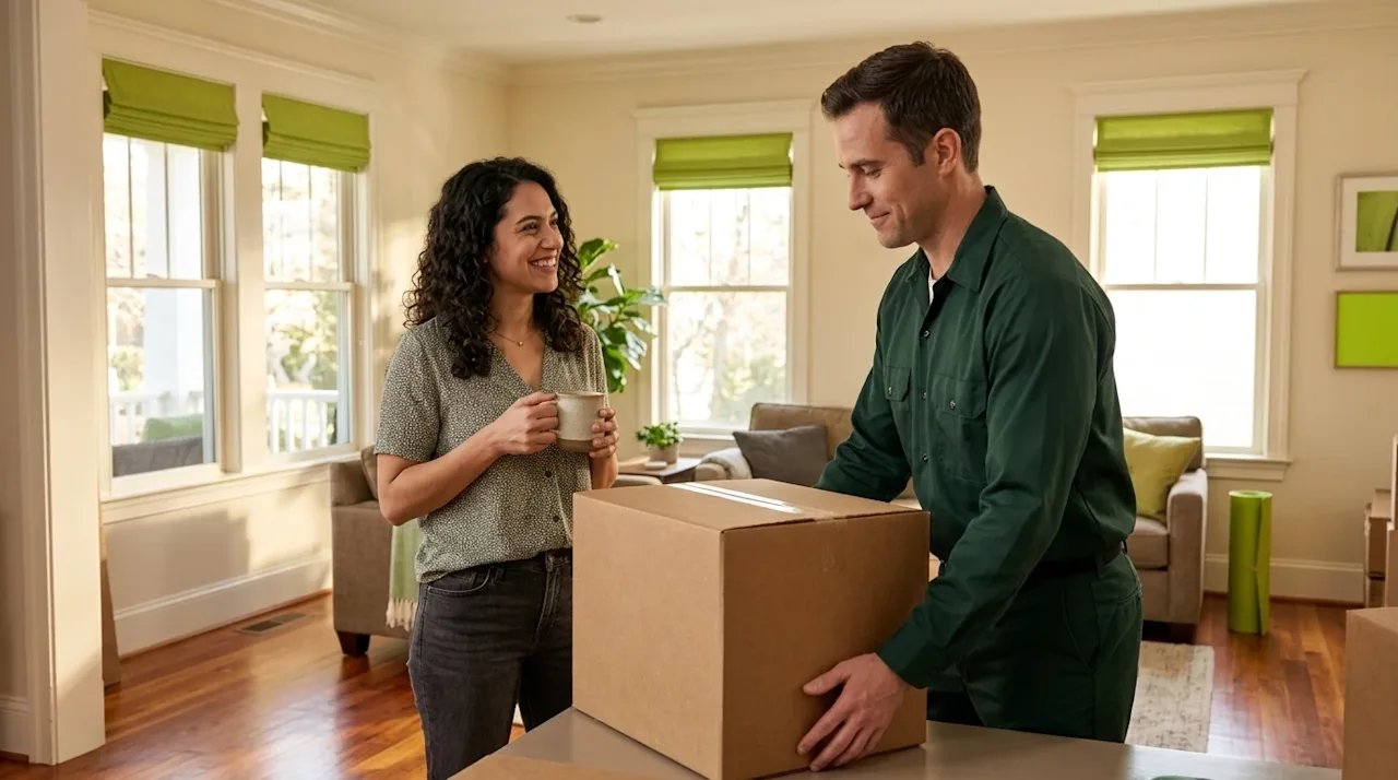 Professional marketing photography, authentic lifestyle shot. A happy, relieved homeowner stands in a warm, sunlit living roo
