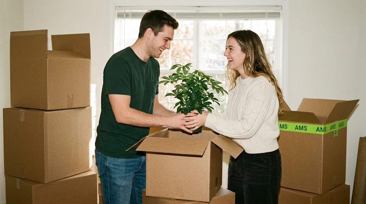 Candid lifestyle photography of a happy young couple moving into their first shared home, standing in a cozy, sunlit living r