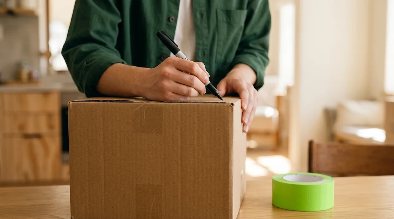 High-quality commercial lifestyle photography. A close-up, angled shot of a person's hands holding a thick black permanent ma