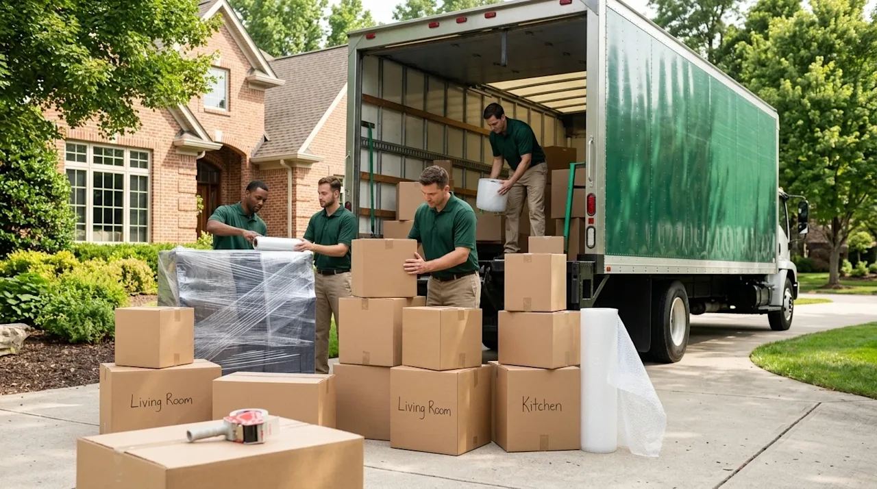 High-quality commercial photography of an organized and stress-free moving day scene, perfect for a Moving Guide hero image.