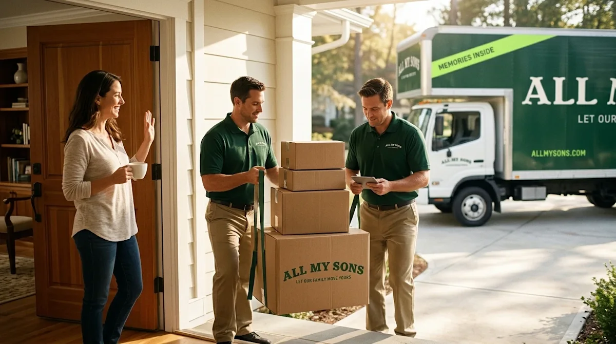 A high-quality lifestyle photograph showing what to expect from a professional moving company. Two friendly movers wearing da