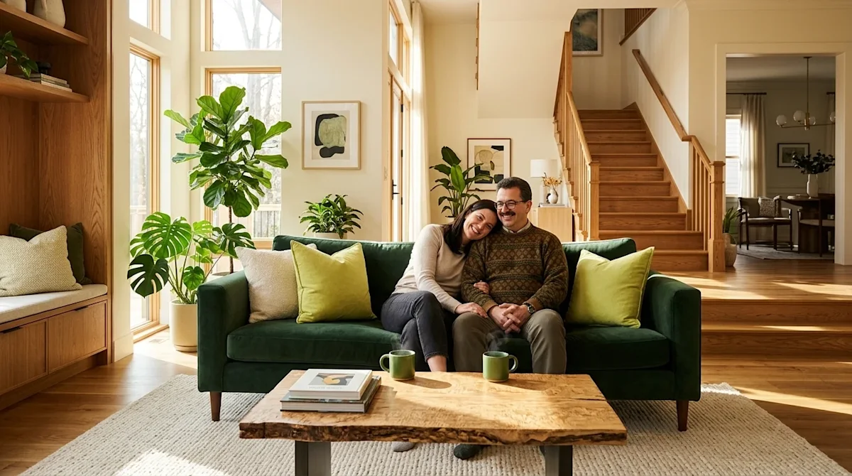 Clear, professional lifestyle marketing photography of a happy couple relaxing comfortably in the sunlit living room of their