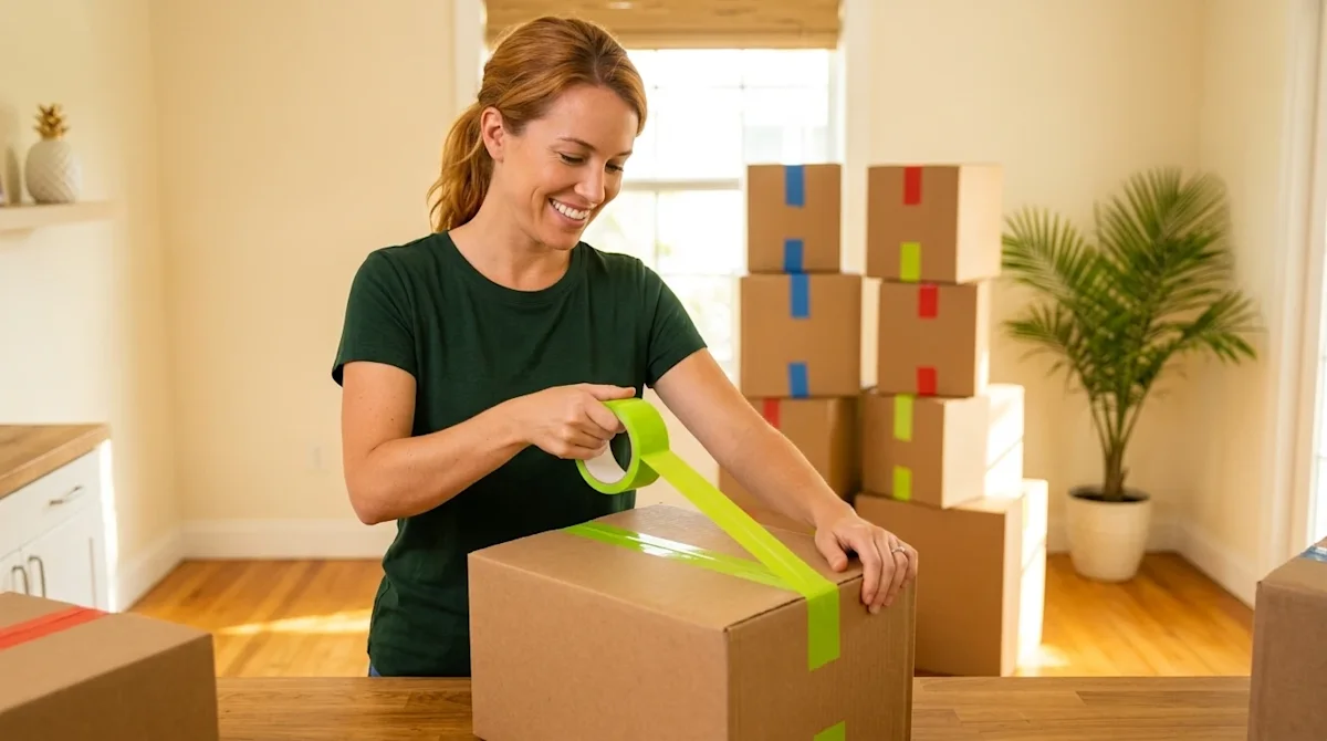 Professional marketing photography of a smart moving "life hack" in action. A cheerful person is packing a sturdy cardboard b