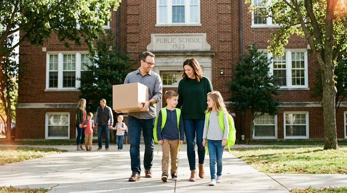 Candid lifestyle photography of a happy family walking together toward a beautiful, historic brick public school building on