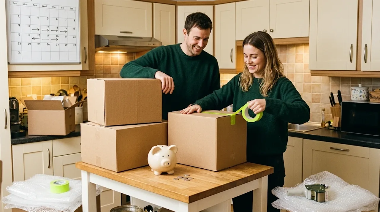 Candid lifestyle photograph shot on 35mm film with warm, vintage lighting and a subtle film grain. A happy couple in a cozy,