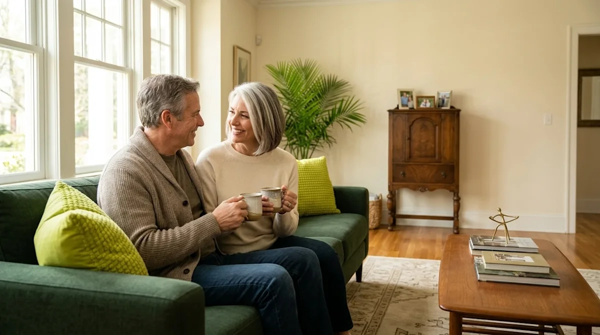 Professional marketing photography of a joyful, relaxed mature couple in their late 50s celebrating in the sunlit living room