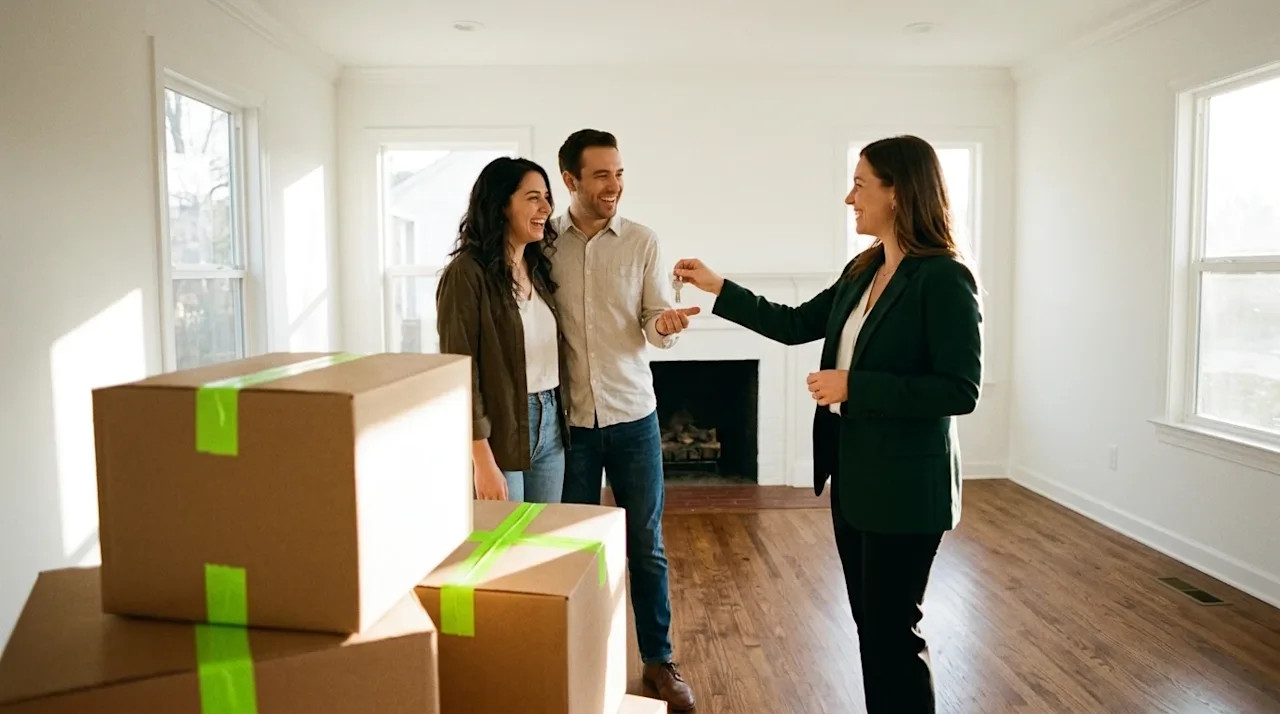 Candid lifestyle photography, shot on 35mm film with warm, nostalgic lighting and a subtle film grain. A friendly real estate