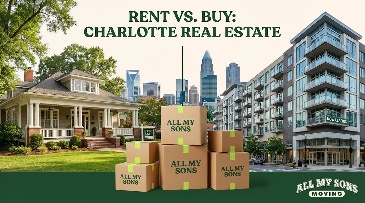 Rent vs buy Charlotte real estate graphic with a bungalow, apartment building, and branded All My Sons moving boxes.