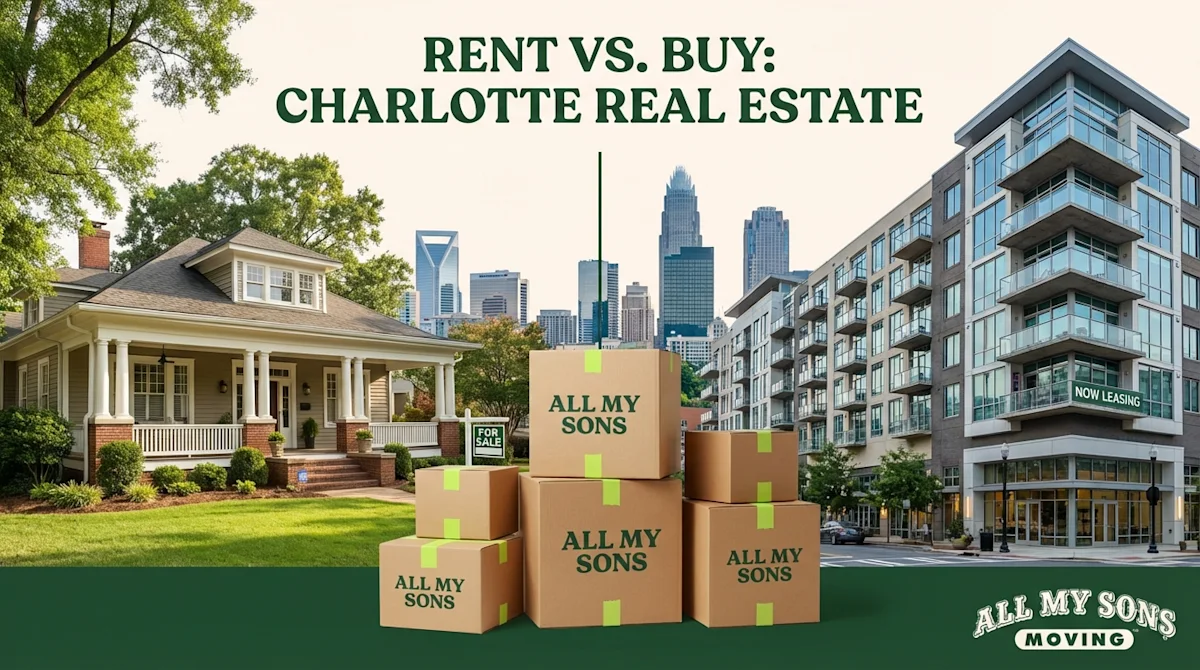 Rent vs buy Charlotte real estate graphic with a bungalow, apartment building, and branded All My Sons moving boxes.