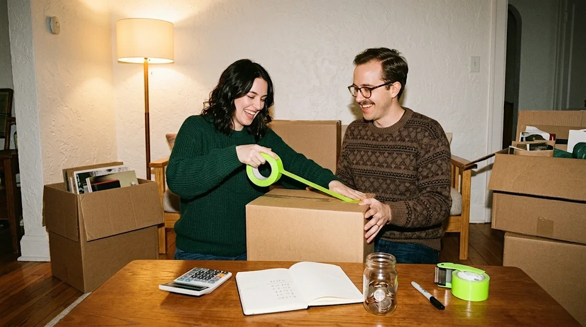 Candid lifestyle photography of a young couple happily packing brown cardboard boxes in a warmly lit, slightly retro-inspired