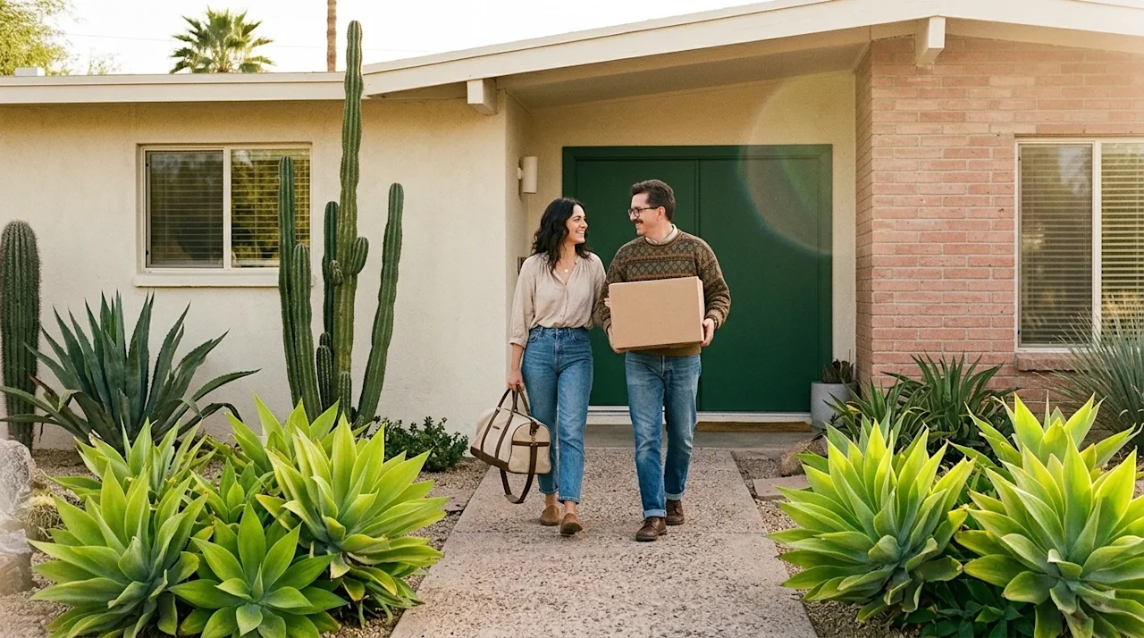 Candid lifestyle 35mm film photography of a welcoming mid-century modern home in Phoenix, Arizona, during a warm, sun-drenche
