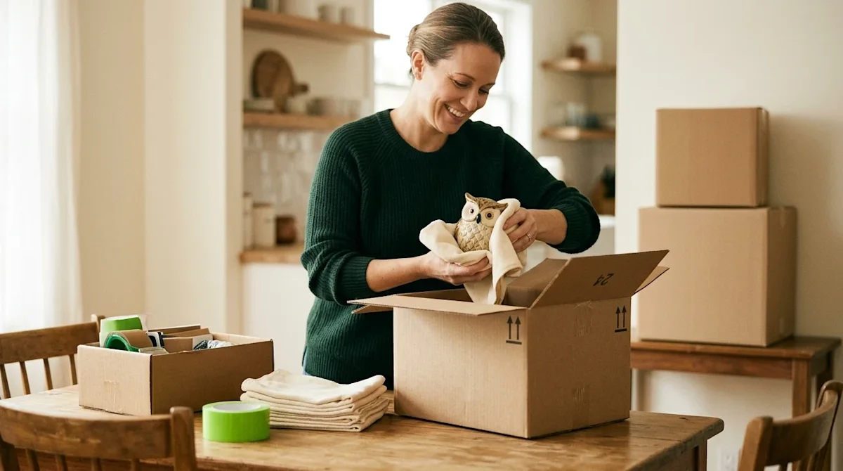 Authentic lifestyle photography of a person demonstrating a clever moving hack in a cozy home interior. A smiling adult is st