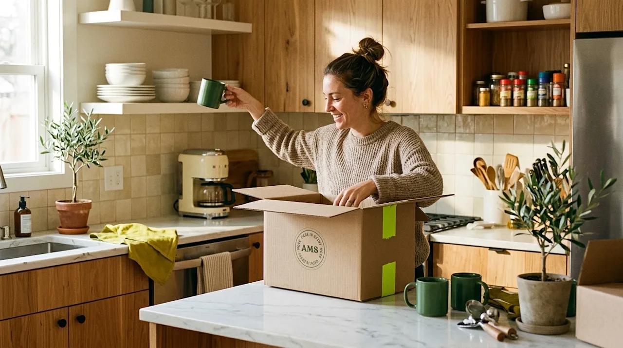 Candid lifestyle 35mm film photography of a warm, inviting, and beautifully organized home kitchen. A person is happily unpac