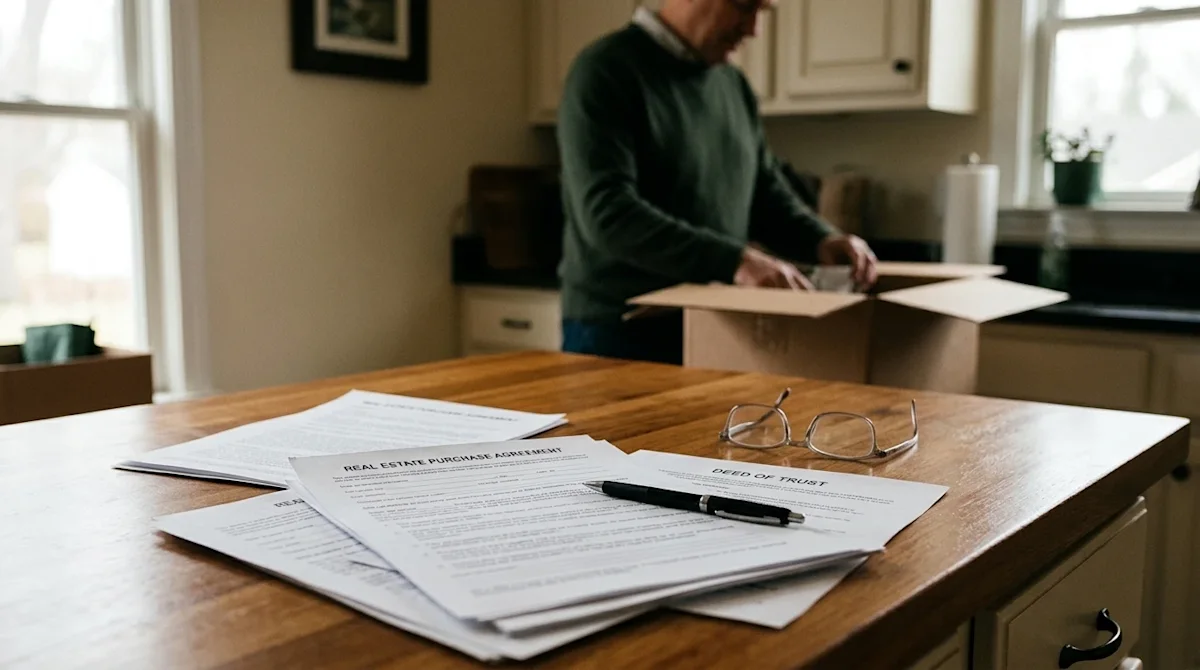 Professional marketing photography, a close-up shot of official real estate and legal documents resting on a warm wooden kitc