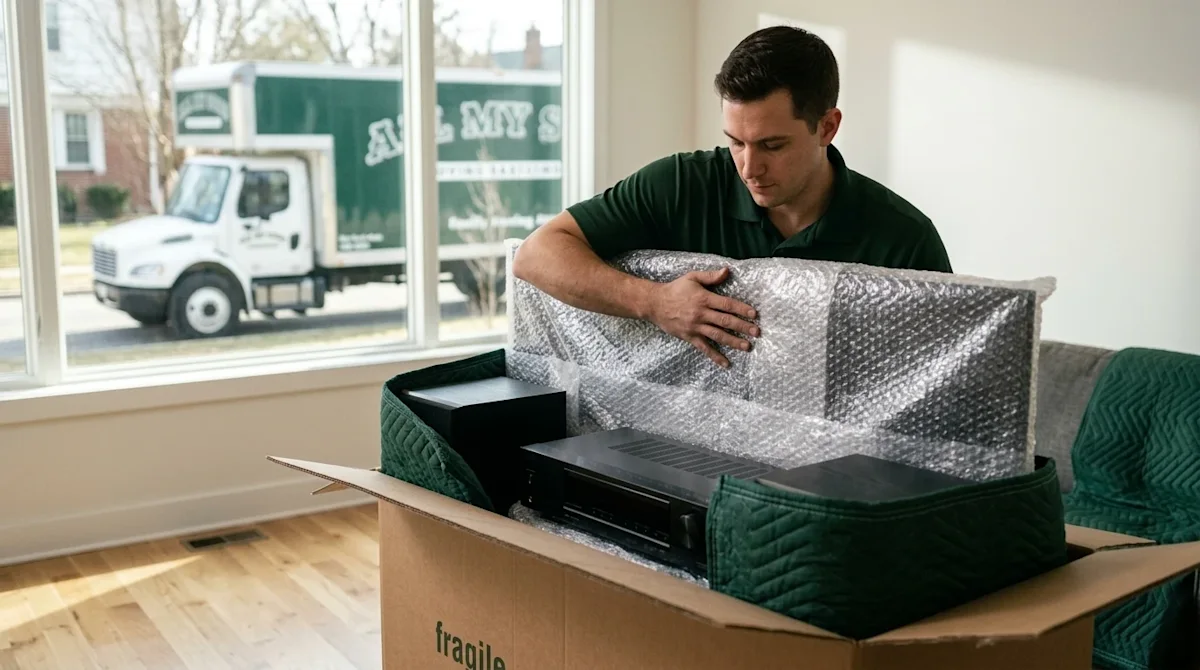 A high-quality, photorealistic photograph of a professional mover carefully packing home electronics for a move. The mover, w