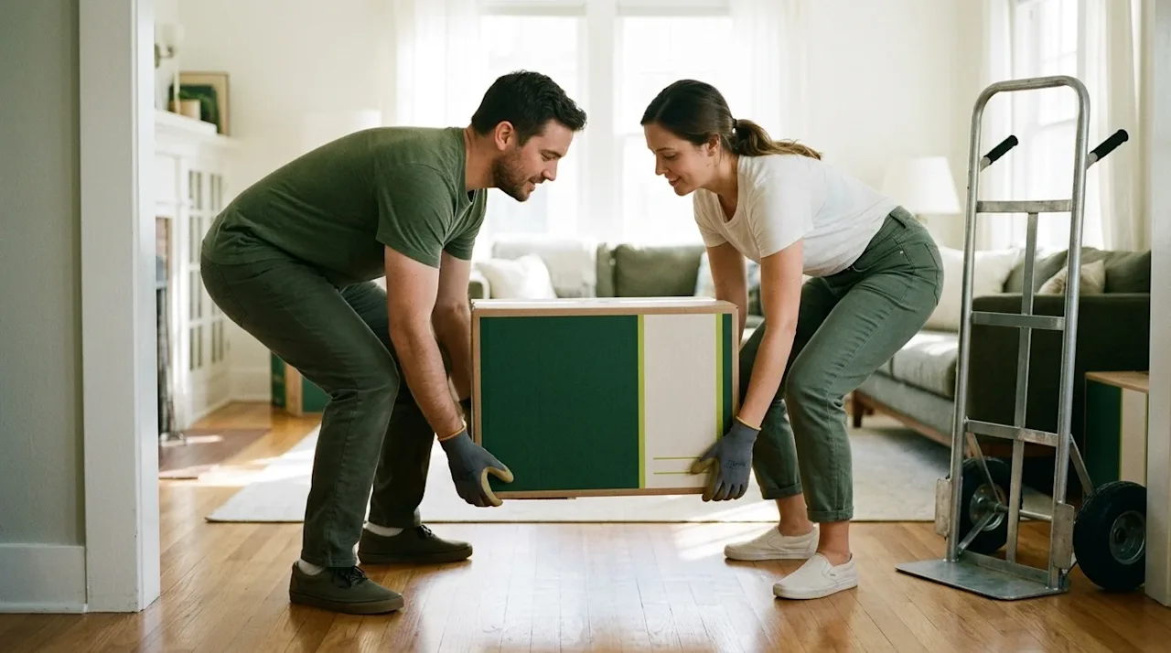 A candid, warm photograph of two people demonstrating safe moving techniques by carefully lifting a sturdy cardboard moving b