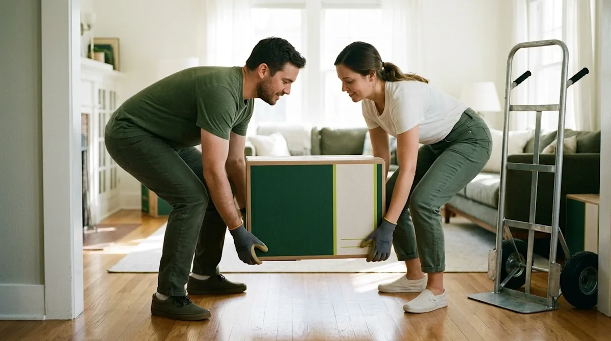 A candid, warm photograph of two people demonstrating safe moving techniques by carefully lifting a sturdy cardboard moving b