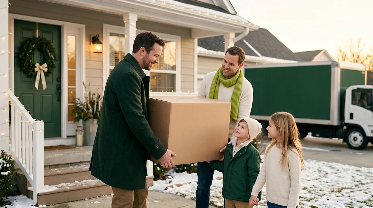 Professional marketing photography of a happy family carrying a clean, sturdy cardboard moving box toward the front porch of