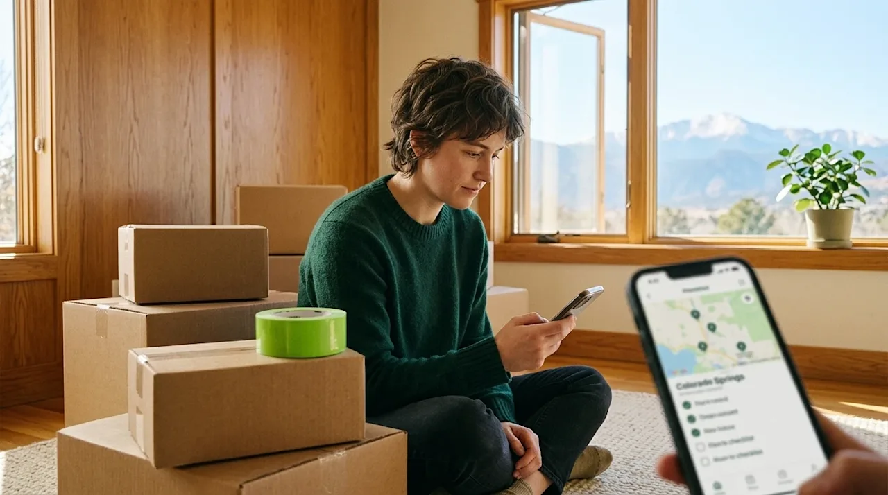 Candid lifestyle photography of a person sitting in a living room, looking at a smartphone in their hand to plan a relocation