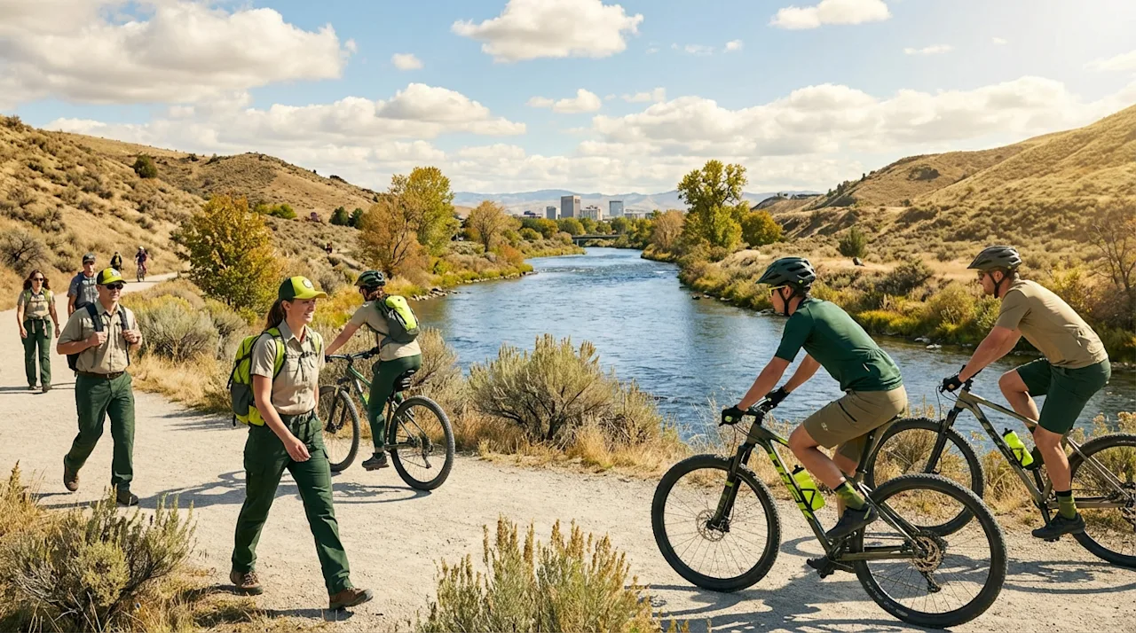 Active people biking and hiking on the Boise Greenbelt river path with foothills and city skyline in the background.