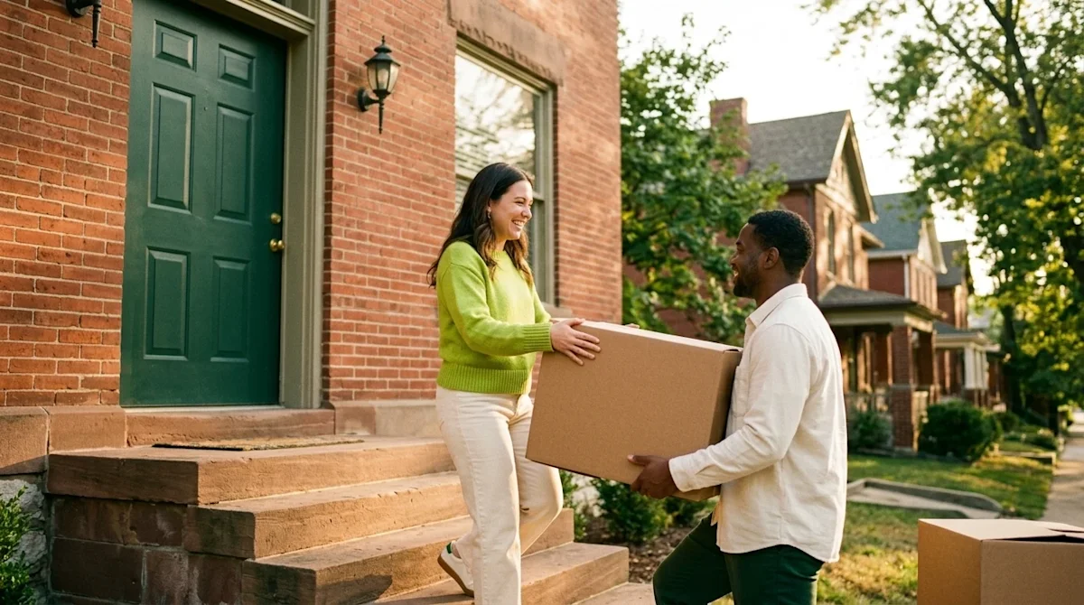 A high-quality lifestyle photograph shot on 35mm film showing a happy couple carrying a clean, unmarked cardboard moving box