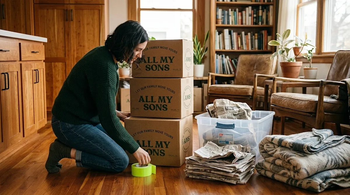 A candid, high-quality lifestyle photograph of a person in a warm, cozy home interior, thoughtfully organizing packing suppli