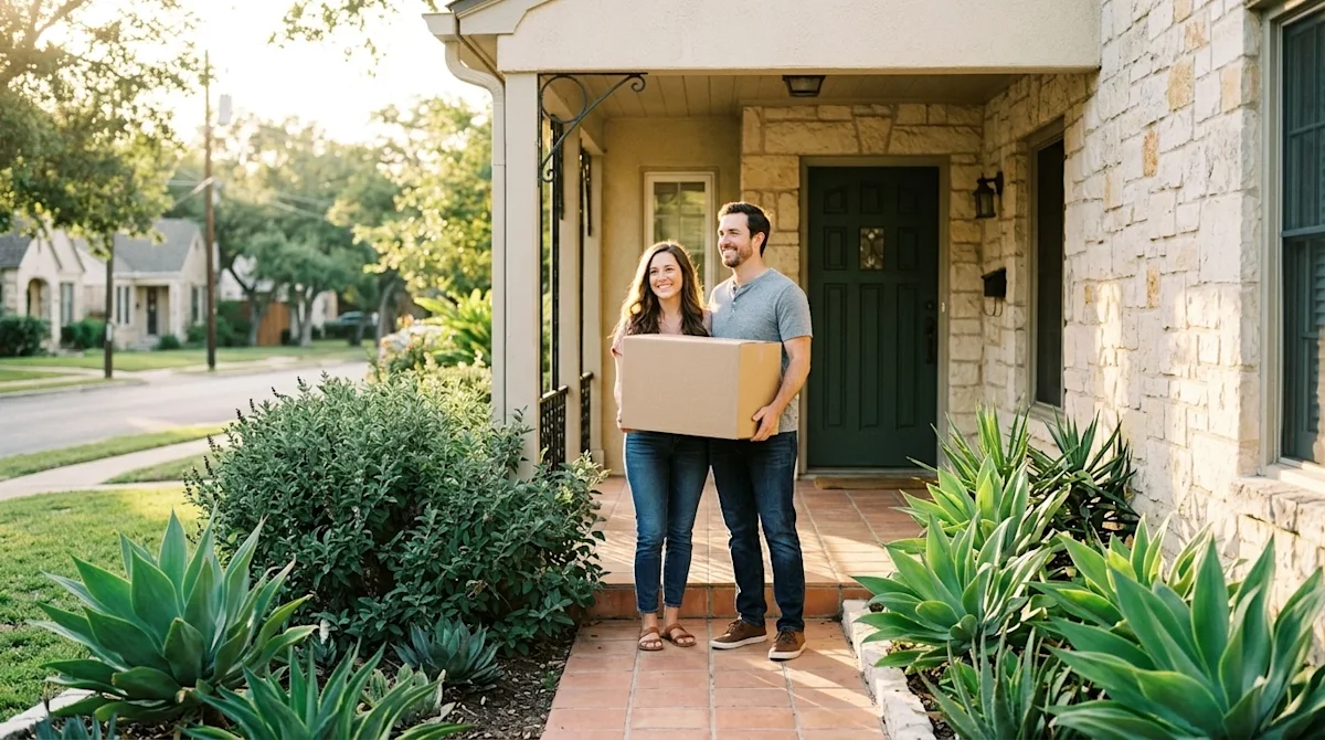 A professional marketing photograph capturing the essence of a stress-free move to San Antonio. A happy, smiling couple stand
