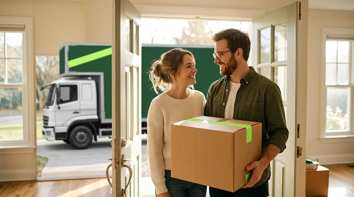 A photorealistic lifestyle photograph representing real estate and moving. A happy young couple stands in the bright, sunlit