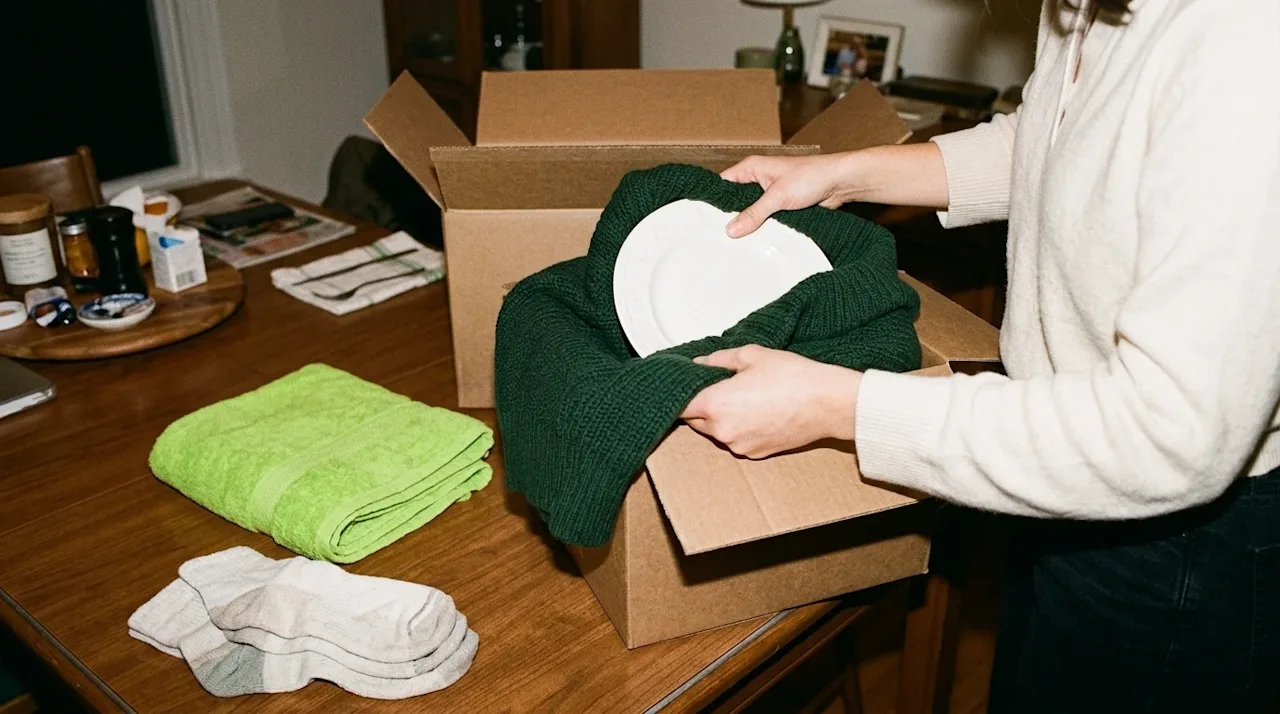 A candid, authentic 35mm film style photograph showing creative packing methods in a warm, lived-in home. A person is careful